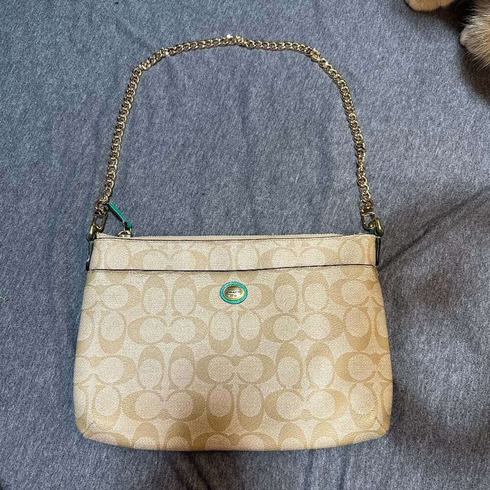 Coach Bag 51065 Peyton Signature East West Swingpack Khaki/Jade Crossbody Purse